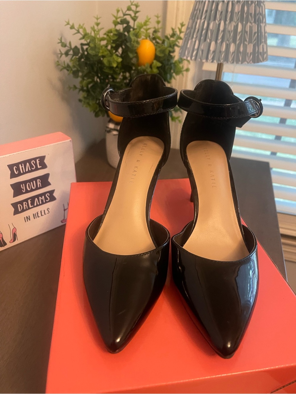 Kelly & Katie Black Patent Pointed Toe Ankle-Strap Heels